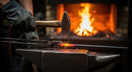 Blacksmith forging metal with hammer on anvil in front of roaring fire