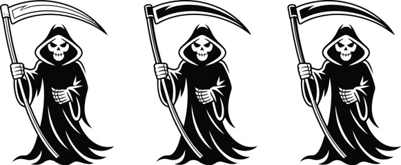 Three grim reapers stand side by side holding their scythes