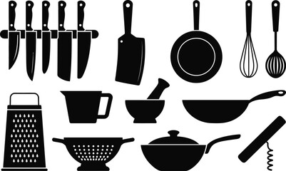 Collection of kitchen utensils and cooking tools silhouettes