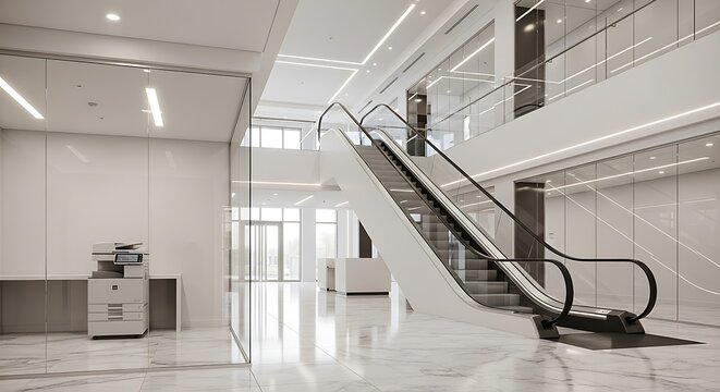 Modern office building interior with a prominent escalator and a copier on marble flooring.