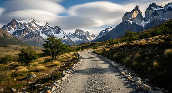 Stunning mountain scenery featuring a gravel pathway in southernmost Patagonia