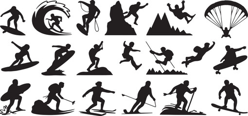 Collection of black silhouettes of people engaged in extreme sports and water sports surfing snowboarding