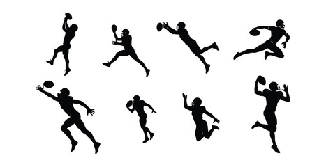 Silhouetted American Football Players in Dynamic Poses Against a White Background.