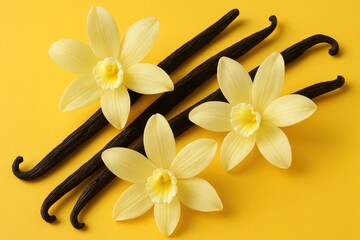 Obraz premium Detailed view of vanilla beans and colorful blossoms against a yellow background