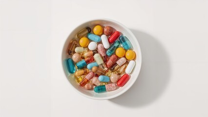 Looking down at a bowl packed with dietary capsules. Health enhancer.