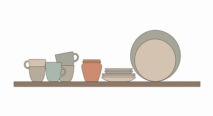 Minimalist Kitchen Shelf Display with Coffee Mugs, Ceramic Pot, and Dinnerware Stack for Modern Home Decor, Food Presentation, and Tableware Arrangement