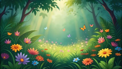 Obraz premium Enchanting forest clearing bathed in golden sunlight alive with vibrant wildflowers and fluttering butterflies