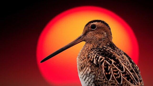 Sunset Snipe's Silhouette: A captivating profile of a snipe, its elongated beak elegantly silhouetted against a vibrant sunset backdrop, creating a striking moment in nature.
