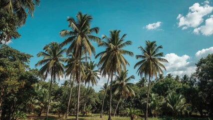 Palm trees standing tall beneath a bright blue sky