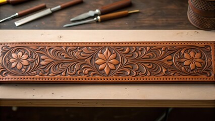 Intricately hand tooled leather belt blank showcasing floral patterns and craftsmanship tools