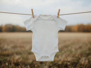 Blank baby onesie, bodysuit mockup, pregnancy announcement background, baby onesie photography, baby onesie hanging on clothes line against grass landscape.