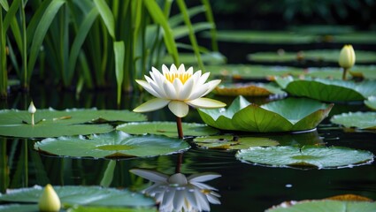 Serene pond filled with floating water lilies