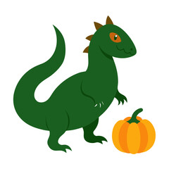 Cute green dinosaur standing next to a pumpkin