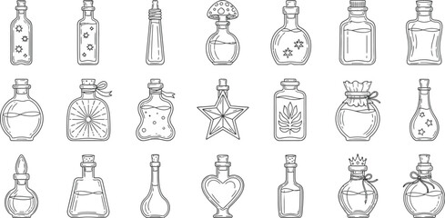 Collection of doodle potion bottles for witchcraft and alchemy vector