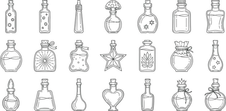 Collection of doodle potion bottles for witchcraft and alchemy vector