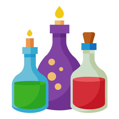 Three colorful potion bottles with flames and corks