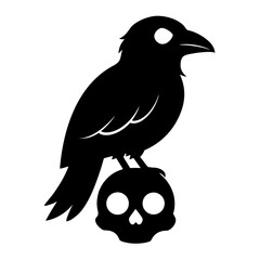 Black raven perched on a skull silhouette