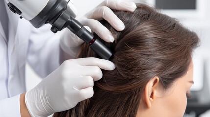 Fototapeta premium Trichologist using dermatoscope to check woman scalp health medical
