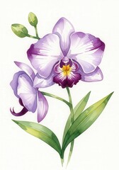 Obraz premium Delicate watercolor illustration of a blooming orchid. Purple and white petals, yellow center, green stem and leaves. Isolated on white background