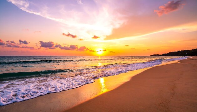 Vibrant sunset over a tranquil beach, waves gently lapping the shore