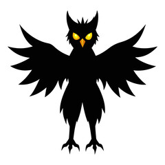 Black silhouette owl with glowing yellow eyes and spread wings