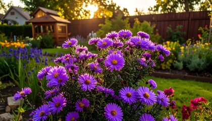 A vibrant garden at sunset. Lush purple asters bloom in a flower bed, surrounded by other colorful flowers. A small wooden shed is visible in the background. Golden sunlight filters through the trees