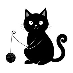 Cute black cat playing with a ball of yarn