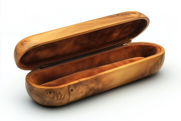 Wooden eyeglass case in light natural wood with polished surface, hinged lid slightly open showing red velvet lining, isolated on white background.