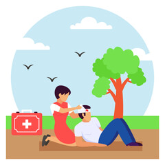 woman provide traumatic intracranial brain injury support concept,Emergency Care for TBI vector design, first aid people scene, Medical emergency banner, Saving Lives services illustration