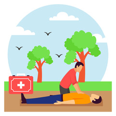 rescuer performing chest compressions to man lying on ground concept, response during cardiac arrest vector design, first aid people scene, Medical emergency banner, Saving Lives services illustration