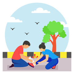 Lady having sudden ankle twist during exercise concept, rescuer applying elastic bandage to reduce swelling vector design,first aid people clip Medical emergency footage Saving Lives service stock