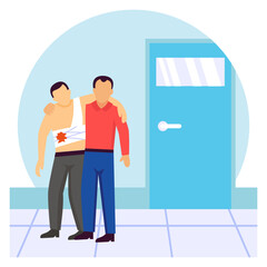 Friend in Need while suffering from injury concept, Two person rush to hospital immediate treatment vector design, first aid people scene, Medical emergency banner, Saving Lives illustration
