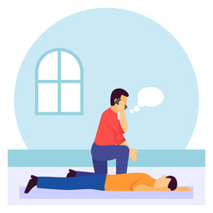 Person Contacting EMS in critical situation concept, patient lying on their back rescuer pressing chest vector design, first aid people scene, Medical emergency banner, Saving Lives services stock