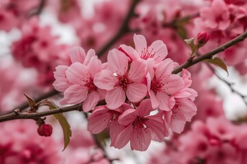 Fototapeta premium Blossoming red sakura tree with delicate petals in springtime, watercolor floral pattern on a natural background