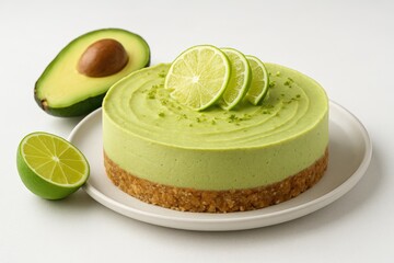 Creamy vegan avocado lime cheesecake without baking, set against a white backdrop with room for customization