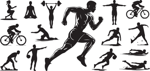 Diverse athletic silhouettes in black and white showcasing various sports and fitness activities running