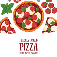 Italian Pizza frame. Italian food. Vector illustration. Hand drawn flat food style. Top view. Menu, package, logo, design template.