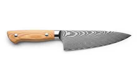 A high quality damascus steel chef knife with a natural wood handle © Tawhidbd