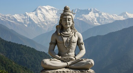 Fototapeta premium Meditating Stone Sculpture Against Snowy Mountain Landscape
