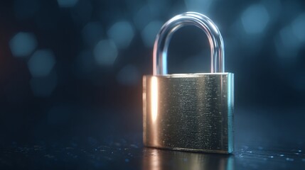 Secured: Metallic padlock with a shiny shackle guarding against digital threats, symbolizing data protection, and cyber security.
