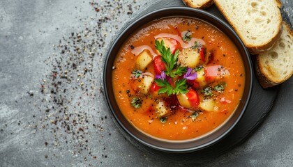 Traditional Spanish Gastronomy: Gazpacho Manchego Dish On A Concrete Platter. Cooked With Bread, Game Meat, And Serrano Snails. From Castilla La Mancha.