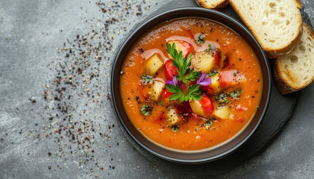 Traditional Spanish Gastronomy: Gazpacho Manchego Dish On A Concrete Platter. Cooked With Bread, Game Meat, And Serrano Snails. From Castilla La Mancha.