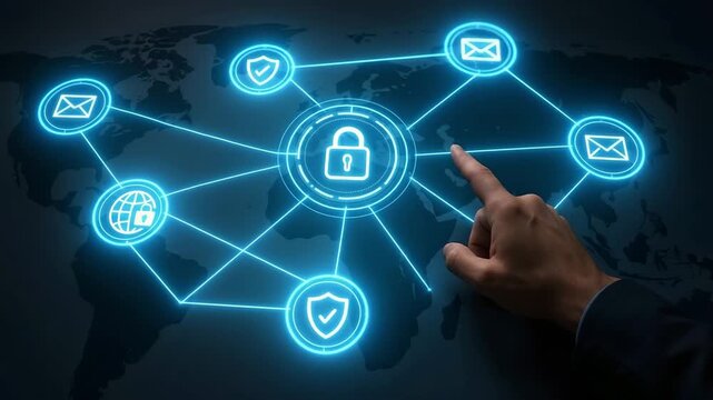 Cybersecurity illustration: A glowing network of connected icons, highlighting security, and data protection, with a hand touching the screen - Powered by Adobe