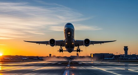 A commercial airplane taking off at sunset.