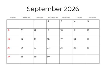 Printable Monthly Calendar template for September 2026. Week Starts on SUNDAY. Wall Calendar in a Minimalist Style. Simple and clean design. Ready to print. Vector illustration