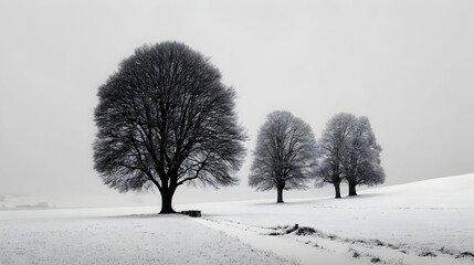 Three trees stand in a snowy field under a muted gray sky.