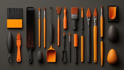 Orange and black paintbrushes and tools arranged on a dark gray surface