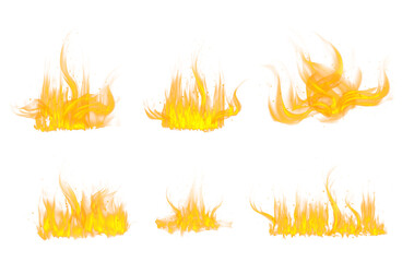 Bright flames dancing in various forms on a white background
