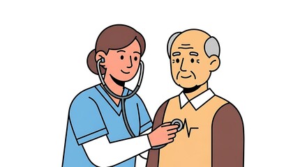 Fototapeta premium Nurse Examining Elderly Man with Stethoscope in Medical Check-up Illustration for Geriatric Healthcare