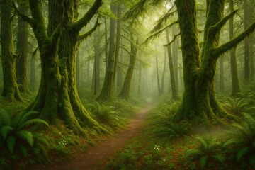 Fototapeta premium Primordial Rainforest Scene on a Trail in Vancouver Island's Ladysmith Area